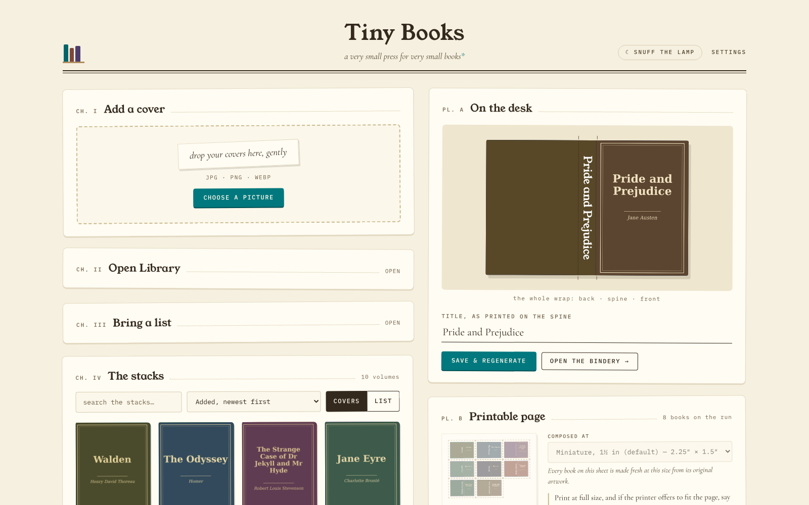 The Tiny Books desktop app: the whole wrap of Pride and Prejudice on the desk, back and spine and front together, the stacks holding ten bound volumes below it, and a printable Letter sheet composed at the miniature size